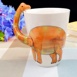 Long Neck Dinosaur Coffee Mugs Cute 3D Dinosaur Tea Cups Creative Ceramic Funny Neck Handle with Stainless Steel Spoon, 14 Ounces