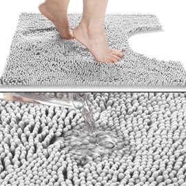 Yimobra Toilet Rugs U-Shaped 24x24, Extra Soft and Absorbent Microfiber Bathroom Rugs, Non-Slip Plush Shaggy Toilet Bath Mat, Machine Wash Dry, Contour Bath Rugs for Toilet Base, Silver