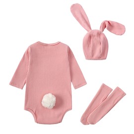 Trsenvrml Baby Easter Outfit for Newborn Boys Girls Bunny Romper With Tail + Rabbit Ears Hat + Socks Set 3Pc (Pink, 9-12M)
