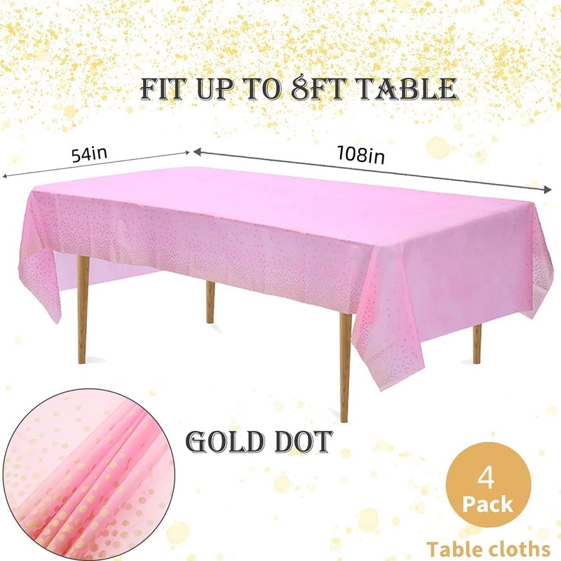 4 Pack Disposable Plastic Tablecloth, Gold Stamping Dot Rectangular Table