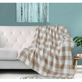 Home Beyond & HB design - Plaid Sherpa Throw Blanket for Sofa Couch - Super Soft Warm Cozy Blanket for Christmas Winter Gift - 50x60 Inch, Beige