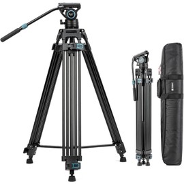 Fotopro 71.25" Aluminum Fluid Head Tripod for Video, 360° Pan, -75/+90° Tilt, Heavy Duty Tripod Stand with 1/4" & 3/8" QR Plate, Mid-Level Spreader for DSLR Camera Camcorder, Max Load 17.6 lbs, DV-3A
