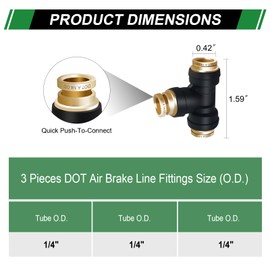 Japtend 1/4" DOT Air Brake Line Tee Fittings, 3 PCS 1/4" Tube OD Connector PTC/PTCR & Brass Quick Push To Connect Fittings for Truck Trailer Systems