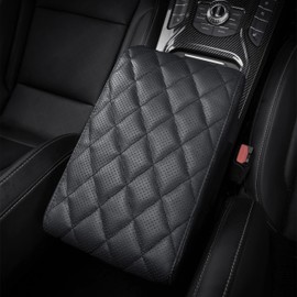 POKSRI Car Center Console Cover pad Genuine Cowhide Leather,Black Armrest Box mat, Vehicle Arm Rest Cushion Protector,Memory Foam true cow Leather,Consoles Hand Rest Pillow(sizeC 15 x 10 x 2.2 inch)