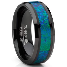 Metal Masters CO. Men's Black Tungsten Carbide Wedding Band Ring Blue Green Simulated Crushed Opal 8MM Comfort-Fit