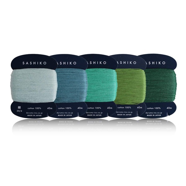 DARUMA Sashiko Yarn 100% Cotton Card Type (43 Yd) x 5 Colours with English Instructions, Sewing and Embroidery Kit (Komorebi)
