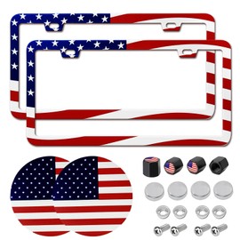 American Flag 2 Pack License Plate Frame for Car Metal Aluminum Rust-Proof License Plate Holder Cover Front Rear Number Tag Frame for Men Women