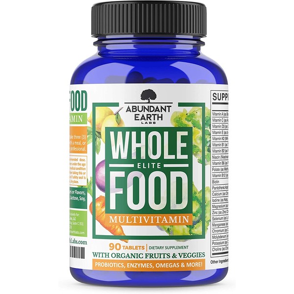 Whole Food Multivitamin Elite - Organic Multivitamin for Men and Women, Non-GMO Multivitamin with Probiotics, Enzymes, B-Complex, Omegas for Daily Energy, Mood, Digestion, Heart Health, 90 Tablets