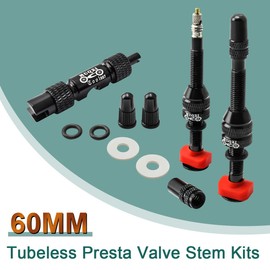 MUQZI Tubeless Presta Valve Stem Kits - No Leak Bike Valve Stem with Integrated Valve Core Removal Tool and Alloy Presta Valve Stem Caps for Bikes, Black (60mm)