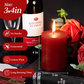 KONNI Red Pillar Candles Set of 3, 3"x 4" Unscented Pillar Candles Bulk, 39 Hours Long Burning Candles, Smokeless&Dripless Large Round Candle for Wedding, Home Decoration, Parties, Spas, Dinner