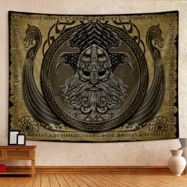 MERCHR Viking Norse Decor Tapestry, Cool Odins Ravens Tapestry Wall Hanging For Men Bedroom, Norwegian Mythology Nordic Pagan Golden Tapestries Poster Blanket College Dorm Home Decor 90X70Inches