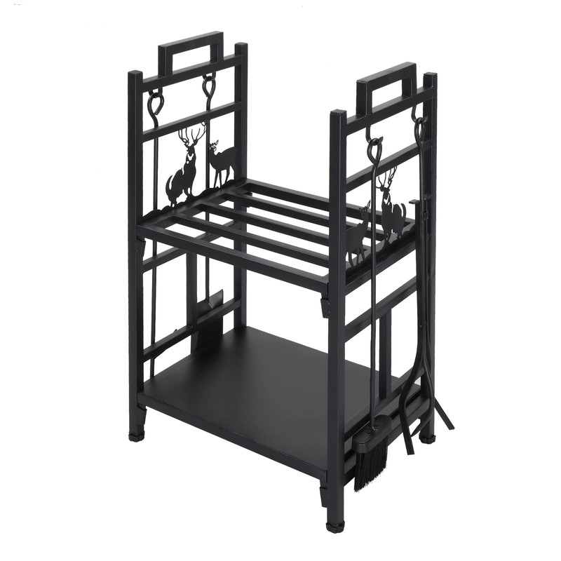 COOBL Firewood Rack Holder with Fireplace Tools,Brush, Shovel, Tong, Hook,Metal