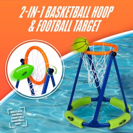 NERF Floating Pool Basketball Hoop + Football Target Net Set - Water Basketball + (2) Pool Footballs Included - Floating Hoop + Target Goal for in-Pool + Poolside Play - Sports Pool Toys for Kids