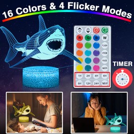 DAHEYMA Shark 3D Light Illusion, 16 Colors LED Dimmable Night Light - Touch and Remote Control, Room Home Decor Shark Lamp with Tpye-C Cable