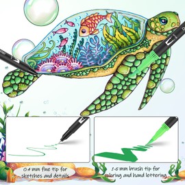 MELARQT Brush Pen Set, 24 Colours, Dual Tip Brush Pens, Watercolour with 8 Ocean Series Coloring Templates, Felt Tip Pens, Thick and Thin Double Fibre Pens for Kids and Adults, Mandala Fibre Tip Pen