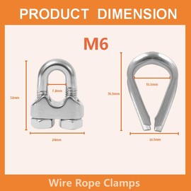 Lyrlidr Pack of 12 M6 Wire Rope Clamps Cable Clamps 6 Pieces 6 mm Wire Rope Thimble U Bolt Saddle Attachment 304 Stainless Steel Cable Clamps (M6, 12)