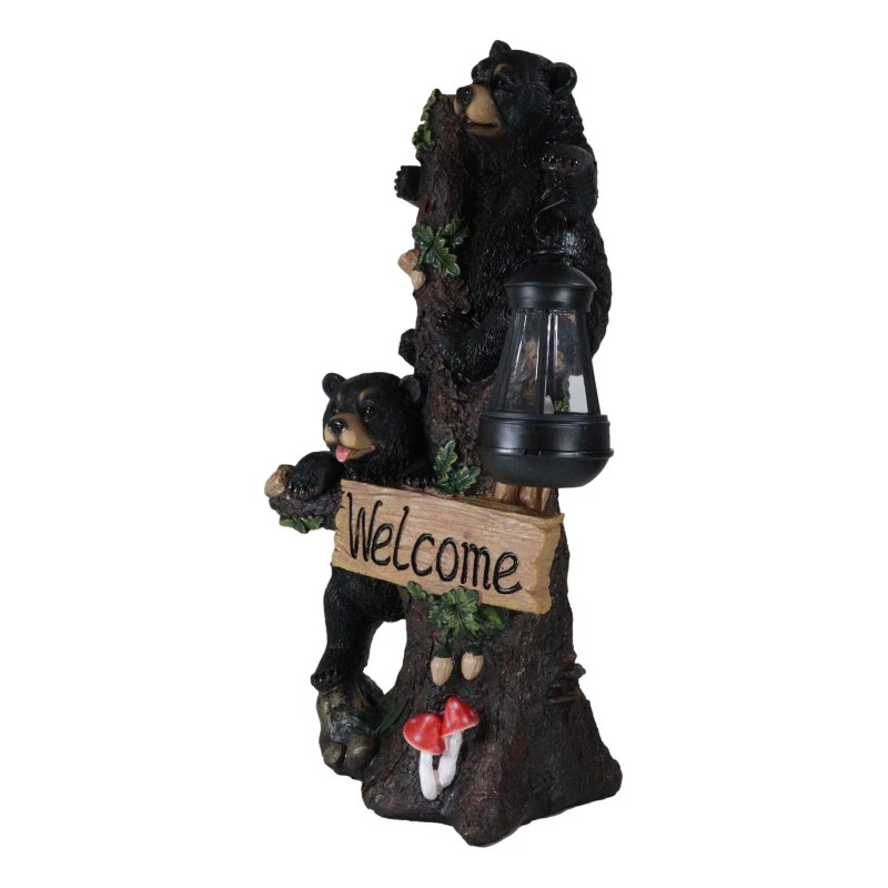 Climbing Black Bear Cubs Garden Light Welcome Statue Figurine Solar