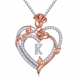 Iefil Mothers Day Gifts Necklaces for Women, 925 Sterling Silver Rose Flower Heart Letter K Initial Necklace Jewelry Anniversary Valentines Day Gifts for Her Unique Birthday Gifts I Love You