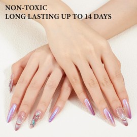 Purple Gradient French Tip Press on Nails, Long Fake Nails, Glossy Full Cover False Nails with Diamond Charms Designs, 3D Hand-Painted Green Bird and colorful flowers, 48 Soft Gel Nails Kit, 16 Pieces