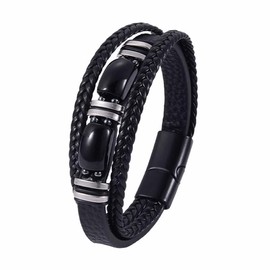 LOCCY Men's Leather Bracelet, Obsidian Leather Bracelet, Black Leather Bracelet, Braided Leather Bracelets with Magnetic Clasp for Men, Boys for Birthday, Father's Day, Christmas, 19 cm, Faux Leather
