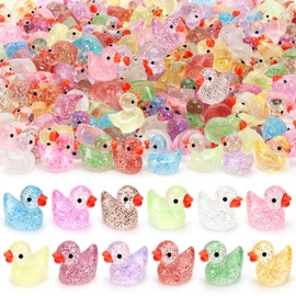 100 PCS Mini Glitter Ducks, Tiny Resin Ducks Plastic Animal Figures for Dollhouse, Garden, Micro Landscape, Home Outdoor Party, Aquarium Decor