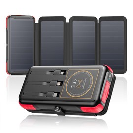 SOARAISE Solar Powe Bank 25000mAh Portable Wireless Charger, 20W Fast Charging Solar Charger with Built in 3 Cables, PD QC 3.0 Battery Pack with 4 Folding Panels for Smartphones, Outdoor Camping（Red）