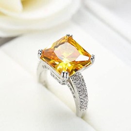 Sdouefos 925 Sterling Silver Super Large Square Yellow Gem Ring AAA Cubic Zirconia CZ Wedding Engagement Women's Ring (O)