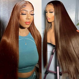 AUOU 32 Inch Chocolate Brown Lace Front Wig 13x6 Lace Front straight Wigs Human Hair Pre Plucked with Baby Hair Colored Brown Wig for Women 200% Density HD Lace Frontal Wigs Human Hair