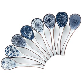 Ceramic Asian Soup Spoons, Easy to Hold, Long Handle Perfect Depth Spoon Set for Japanese Ramen Noodles, Chinese Dumpling, Pho, Miso, Wonton, Dishwasher Safe -Set of 8 - Blue