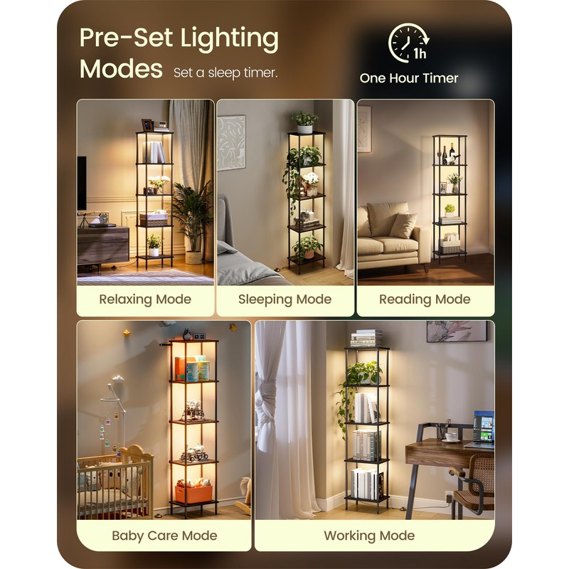 Display Shelf with Light, 5-Tier Shelf Lamp, Corner Floor Lamp