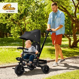 Qaba Kids Tricycle, 4 in 1 Foldable Trike with Reversible Seat, Adjustable Parent Handle, Safety Harness, Wheel Brakes, Removable Canopy, Storage, Tricycle for Toddlers 1-5 Years, Black