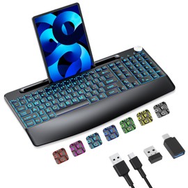 Sksyloo 2.4G Wireless Large Print Keyboard with 7 Colored Backlits,Rechargeable,with Phone Holder &Wrist Rest, Lighted up Full Size Keyboard for Mac Windows Laptop PC, Black