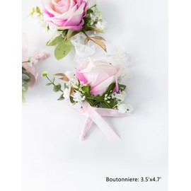 YSOJMAN Corsage and Boutonniere Set for Groom Bride Groomsmen Bridesmaids Wedding Party Prom, Artificial Roses Flower Boutonniere for Men Wedding Mother Grandmother for Bridal Shower Prom (Pink)