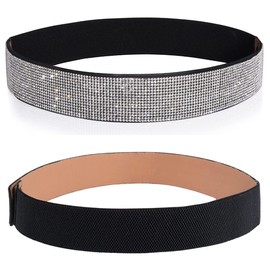 YooAi Rhinestone Elastic PU Leather Belt Shiny Crystal Stretch Waist Belt Wide Waist Band for Women Dress, black