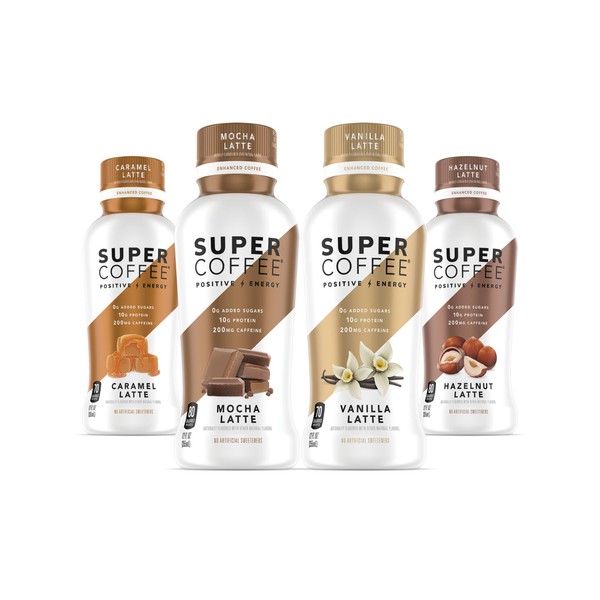 Super Coffee, Ready To Drink Iced Coffee, Variety Pack (12 Ounce Bottles, Pack of 12) Includes; Mocha Latte, Vanilla Latte, Hazelnut Latte, Caramel Latte - Low Net Carbs, No Added Sugar, Keto Friendly, 10g of Protein, Low Calorie, Protein Coffee, Smart Coffee
