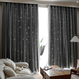 Kinryb Kids Blackout Curtains for Bedroom/Living Room/Classroom, Sheer Overlay 2 Free Tiebacks, Double Layer Curtains with Star Cutout for Kids Room(Each Piece W 70 x L 63 Inches 2 PCs Black)