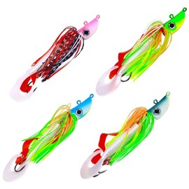 LiFschal 4 - Piece Set of Luminous Lead Head Jigs - Ideal for Sea Fishing, with Colorful Soft Squid Skirts & Grub Tails,2.12oz (60g)