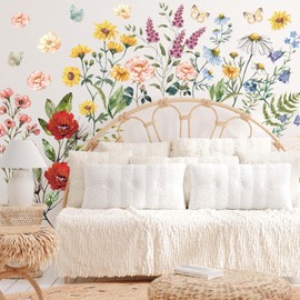 Whaline Spring Summer Floral Wall Stickers Vintage Wildflower Garden PVC Wall Decals Removable Colorful Flower Blooms Self-Adhesive Wall Decoration for Classroom Home Office Party Supplies, 2 Sheets