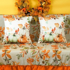 ONWAY Fall Pumpkins Pillow Covers 18x18 Inch Set of 2 Farmhouse Leaves Autumn Thanksgiving Decor Lumbar Cushion Cases for Couch Home Decorations Green