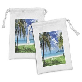 Lunarable Exotic Blue Fabric Pouch Set of 2, Tropical Picturesque of 2 Palm Trees with a Clear Sky and Sea, Small Drawstring Bag for Toiletries Masks and Favors, 9" x 6", Dark Taupe Green and Blue