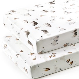 Stretch Ultra Soft Jersey Knit Fitted Crib Sheets Set 2 Pack，Fit All Standard Crib Mattress Pads Safe and Snug, Crib Fitted Sheet for Baby, Cute Watercolor Cows and Birds Print