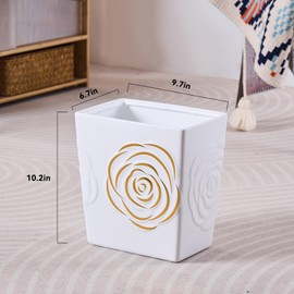 White Ceramic Trash Can with Gold Rose – 2.5 Gallon Small Bathroom & Kitchen Garbage Bin, Decorative Waste Basket for Bedroom, Office, Hotel – Elegant Floral Design, Heavy Duty (9 Liter, Gift Idea)