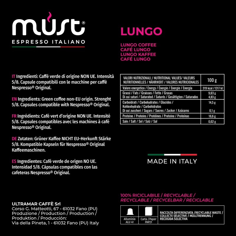 MUST Nespresso Compatible Aluminium Coffee Capsules Lungo Blend X 100