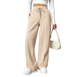 PINSPARK Women's Baggy Sweatpants High Elastic Waist Casual Wide Leg Pants Seams Drawstring with Pockets Light Khaki M