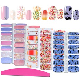 SILPECWEE 5 Sheets Nail Polish Strips Flower Adhesive Nail Stickers Full Nail Wraps Nail Polish Stickers for Women Nail Accessories with 1pc Nail File