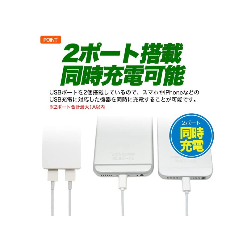 Plata USB Charging AC Adapter, 2 Ports, 1,000 mA, PSE-mark Acquired,