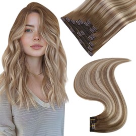 Easyouth Balayage Clip in Extensions Human Hair Brown to Platinum Blonde Clip in Real Hair Extensions Clip in Ombre Hair Remy Clip in Hair Extensions 16 Inch 120g 7Pcs