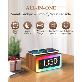5 in 1 Alarm Clocks Bedside with Wireless Charger, White Noise Machine, Colourful Night Light, Bluetooth Speaker, Digital Clock, Dimmable LED Display, Birthday Gifts for Men Women Gifts for Dad Mum