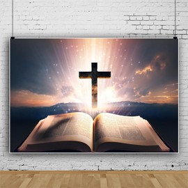 Glowing Cross Backdrop Jesus Christ Belief Opened Bible Book Background Holy Light Easter Backdrop for Church Events Easter Party Decorations Photo Studio Supplies Vinyl 7x5ft
