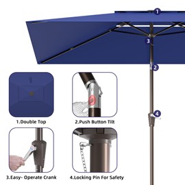 Pakarde 6.6x10ft Rectangular Patio Umbrella, 2 Tiers Outdoor Table Umbrellas with Push Button Tilt and Crank for Patio, Pool, Backyard, Deck, Picnic, Yard (Navy)